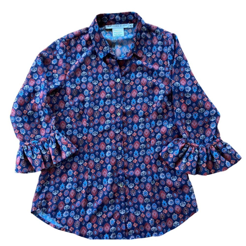 Gretchen Scott Designs milleflora 3/4 sleeve (ruffle) shirt size M
